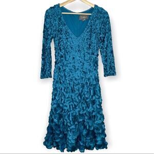 Theia Blue 3D Floral Cocktail Dress 3/4 Length Sleeves 2